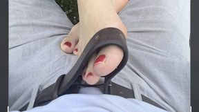 Public Foot fetish, dirty white male socks, women feet teasing and red nail fetish with Mistress GospodaricaEmma and Her Alpha man Wolfy01