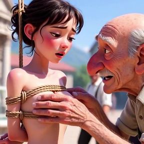 Tied Woman in Public Square - Old Man Caresses Her Body