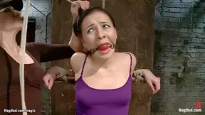 Oiled Lesbian Toyed On Hogtie Bondage
