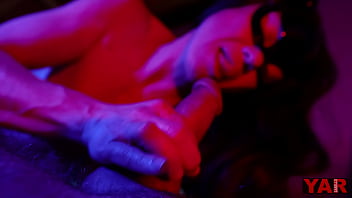 blowjob adult sucks cock in neon light cum in mouth