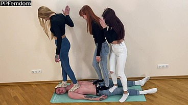 Triple Full Weight Trampling Femdom With Mistresses Kira, Sofi and Agma