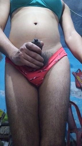 Indian Femboy Crossdresser with Phimosis Dick Jerking and Stroking Until Cum While Wearing His Step Sister's Bra and Panties