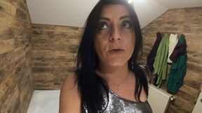 ripped shiny nylon jumpsuit in the bathroom. cum cleanup, dirty dancing and pee play