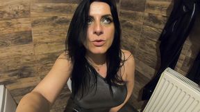 ripped shiny nylon jumpsuit in the bathroom. cum cleanup, dirty dancing and pee play