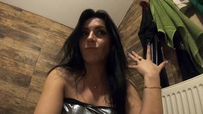 ripped shiny nylon jumpsuit in the bathroom. cum cleanup, dirty dancing and pee play