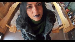 Elegant Fur-coated Slut Fucked on a Wooden Table and Covered in Cum Twice