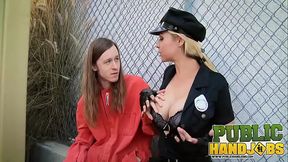 PUBLIC HANDJOBS Naughty cop Sarah Vandella jerks prisoner'_s cock for messy facial