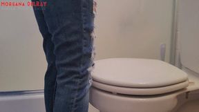 Side View Toilet Use In Ripped Jeans MP4