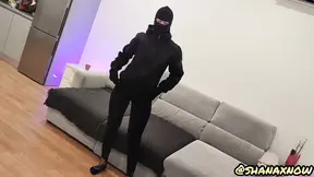 Boyfriend gets a masked balaclava facial from vibrating wand