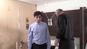 Priest moans as young twink bounces on his hard cock