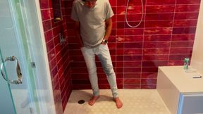 Barefoot in Jeans Pissing Myself and Showing Dick and Ball