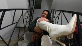 downjacket fetish on the stairs – shiny boots, bodystockings & sensual touch 317