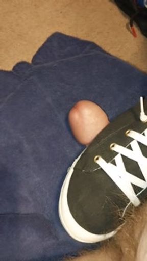 BBW stomping on hubby's cock with sneakers and bare foot, cum denial