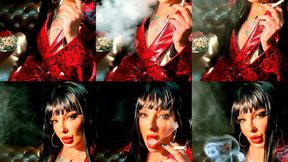 Brunette bimbo smoking a Dunhill International Cork Filter, wearing a snakeskin-print leather coat and black nails