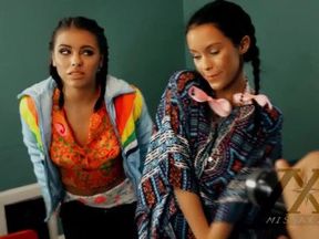 Adriana Chechik and Megan Rain FFM blowjob in the classroom