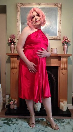 Sexy Crossdresser in Gorgeous Red Satin Dress