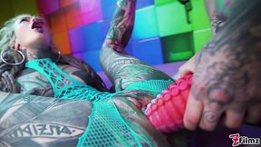 Tattooed lesbians Katy Caro and Lina Paige enjoy hot strapon anal play