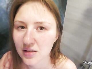 Breasty Stepdaughter Sucked her Stepdaddy Dong in the Shower and took Cum in her Throat