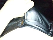 Aggressive cum onto my black leather trousers at midnight in a sensual way 😈🍆💧