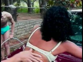 Hot Brazilian cutie Sandra proposed her friends to wash their car and to have some bisexual fun grass lawn