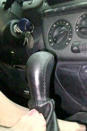 Sensual Footjob to Gear Stick in Nude Sheerest Pantyhose and Red Nailpolish