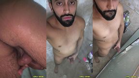 camilo brown jerking his big uncut cock in the shower and eating his own cum