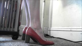 Extreme Closeup of Dangle & Shoe Play in Tight Red Leather Heels w/ Wooden Soles