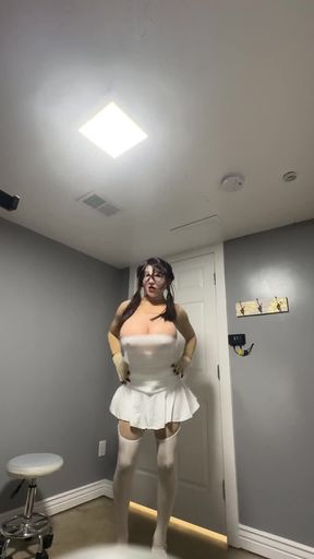 Cute trans wearing her sexy white dress teasing huge tits and cock