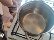 Naked kitchen. Pasta carbonara.