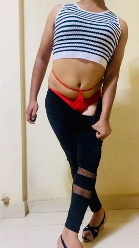 Indian crossdresser bambi in black legging and white crop top.