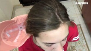 Delivery girl gives sloopy blowjob and fucks with his client