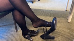 Shoeplay in Mary Jane heels at the library
