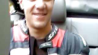 Hot biker sucked a dick and got his ass banged in a car lift