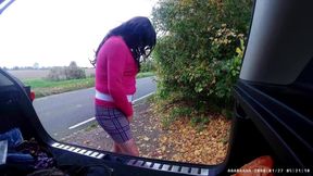 Change at side of road with passing cars, little cum shot at end