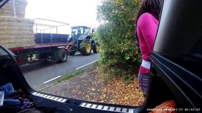 Change at side of road with passing cars, little cum shot at end