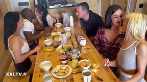 4 Charming Slim Bubble-assed Babes Share BBC & BWC In a Crazy Orgy In Their Mountain Chalet