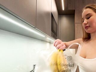 Large titties large butt marvelous and cute blond in the kitchen in a short petticoat shows her lengthy legs and gets bored and ignored