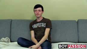 Short-haired twink toys with asshole as he strokes his cock