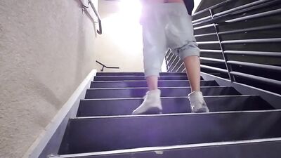 Locked & Plugged Exhibitionist Fucks Hole w/ Dildo in Parking Garage Stairs