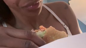 Ebony BBW Burps Loudly, Farts Silently & Shakes Fat Ass on Messy Food Stuffing – Dirty Sock Smother JOI + toilet Tease!