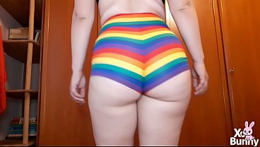 PAWG walking in rainbow shorts