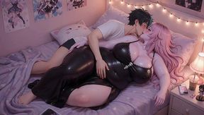 BBW Pink Hair Anime Girl Playing with Huge Tits on Bed