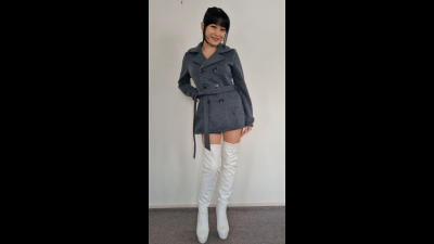 Flashing you in my coat and thigh high boots