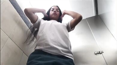 Horny 18yo Latina Fingers Pink Pussy in Uni Bathroom Cums Gushing