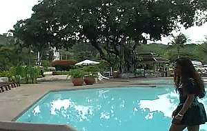 Two black ladies in latex swimwear tease on the pool and by the beach