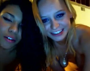 Two curvy brunette and blonde teens give head to their friend on webcam