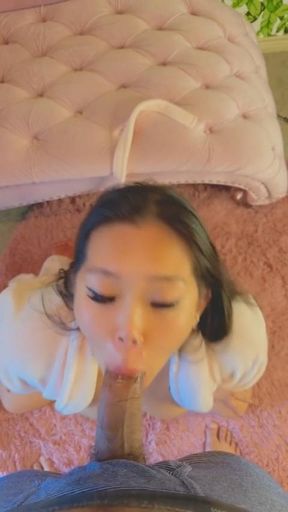 Asian babe devours balls and rod, gulps surprise facial