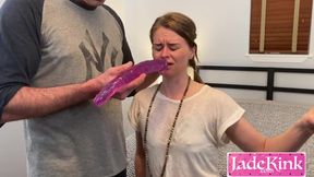 Submissive Cumslut Sloppy Deepthroat Gagging With Huge Dildo