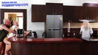 Nearly caught surprise ass fucking internal ejaculation donk plowing close to mom-in-law cooking breakfast