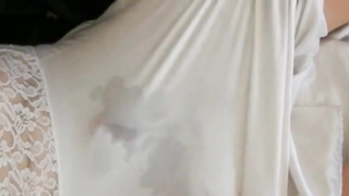 White nylon slip wank & cum 7